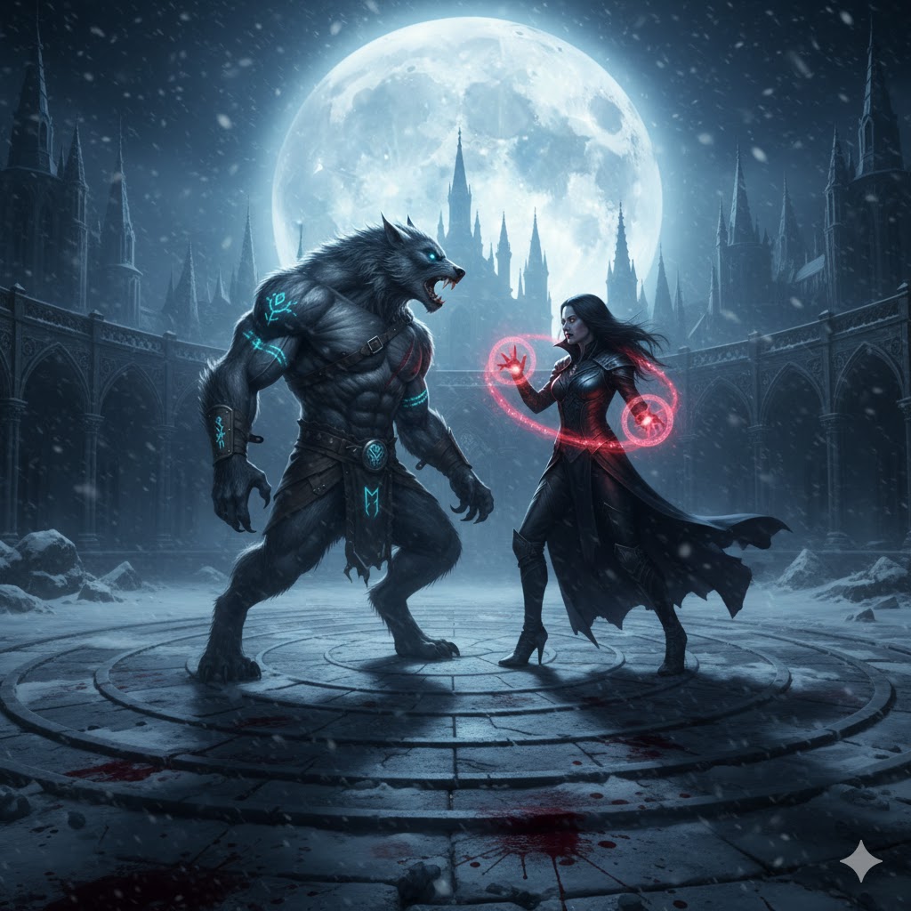 Epic one-on-one duel between lycan alpha and vampire elder, full moon overhead, legendary confrontation